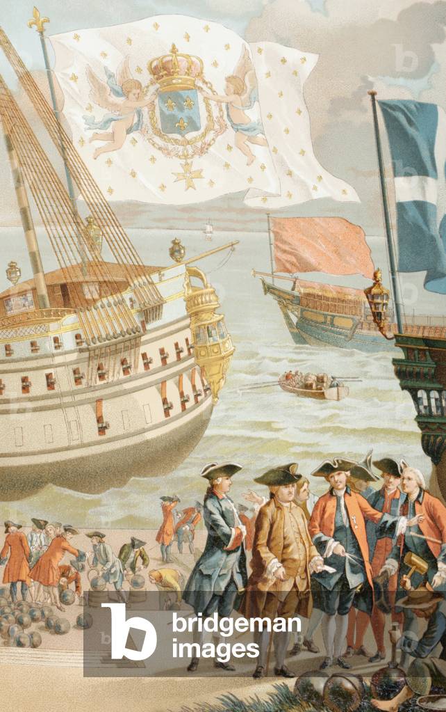 The royal flag of France flying over a French navy ship of the 18th century, from 'XVIII Siecle Institutions, Usages et Costumes', published 1875 (colour litho)