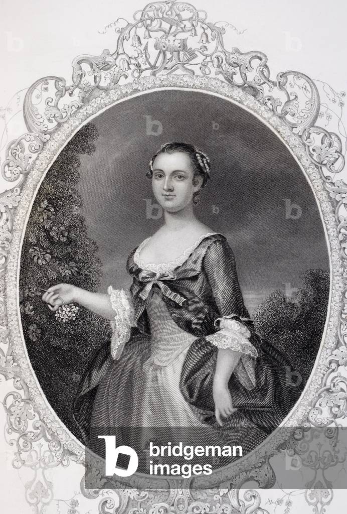 Martha Washington.  Mrs Martha Dandridge Custis Washington, 1731-1802.  Wife of George Washington  Engraved by J Rogers after Woolaston