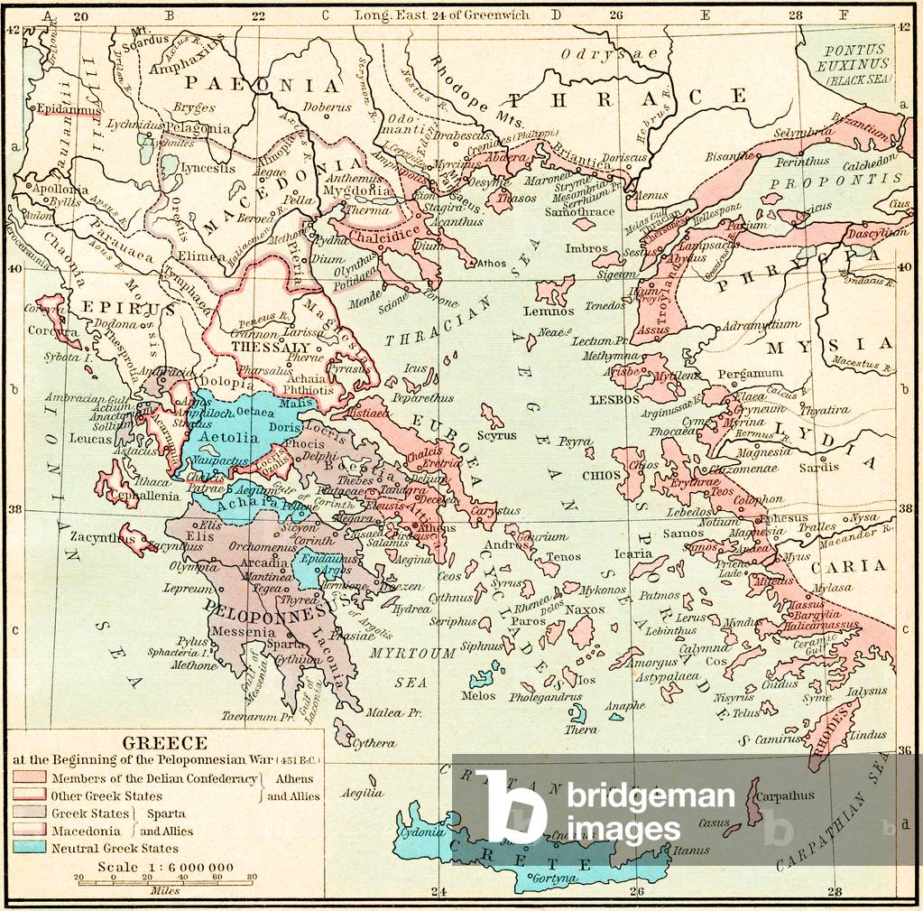 Map of Greece at the beginning of the Peloponnesian War, 431 B.C.  Greece under Theban Headship.  From Historical Atlas, published 1923.
