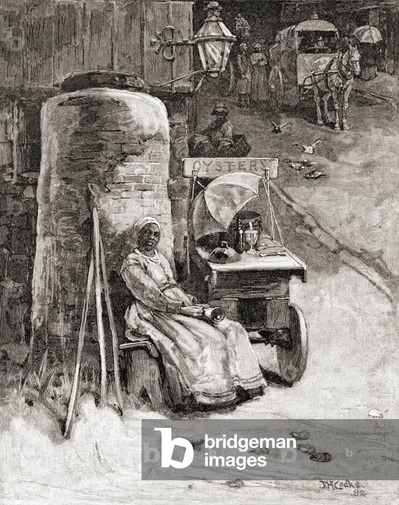 An oyster seller with her cart near the Washington Navy Yard, Washington D.C., in the 19th century, from 'The Century Illustrated Monthly Magazine', published 1884 (engraving) 