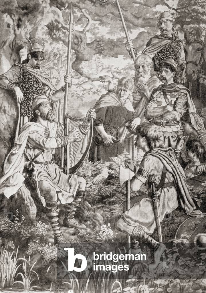 King Alfred disguised as a strolling minstrel and playing the harp in the Danish camp of Guthrum, from Hutchinson's History of the Nations, pub. 1915