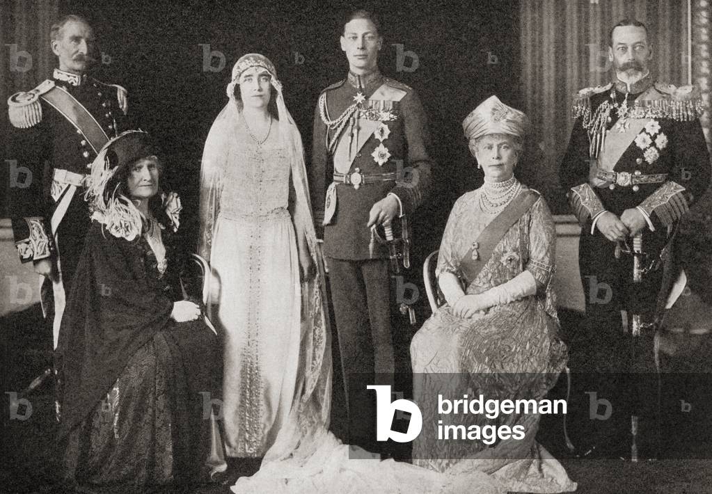 The British Royal Family at the wedding of The Duke and Duchess of York, 1923, from 'The Story of Twenty Five Years', published 1935 (b/w photo)