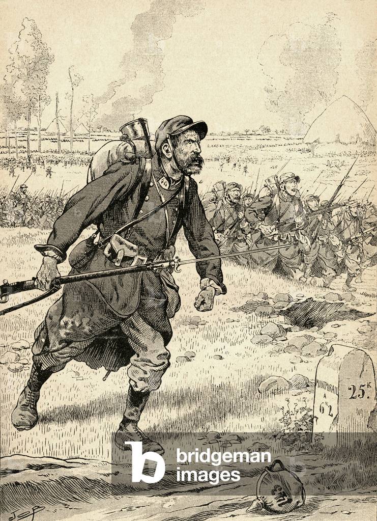 French soldier advances during the first Battle of the Marne, France, 1914, during World War One.