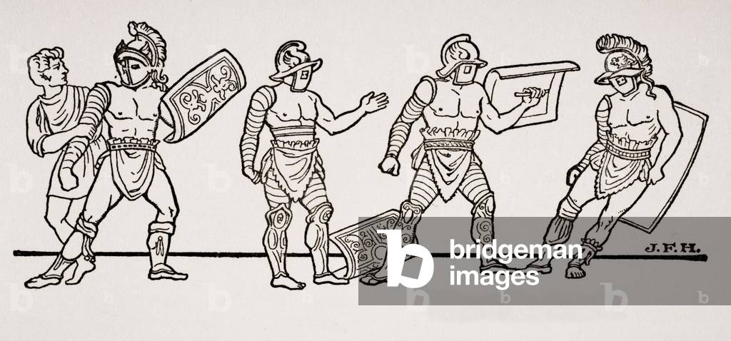 Gladiators, from a wall painting at Pompei, illustration from 'The Outline of History' by H.G. Wells, Volume I, published in 1820 (litho)