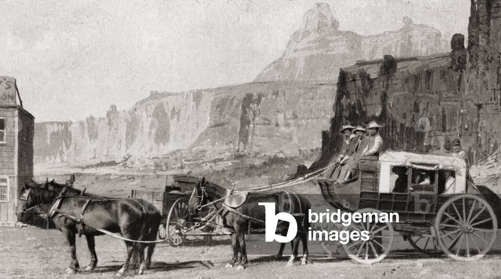 A mid 19th century American mail coach.  From Heroes of Modern Adventure, published 1927