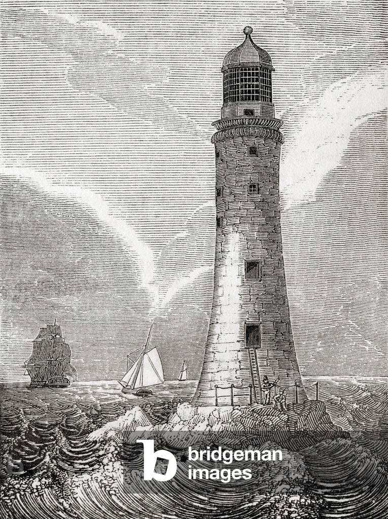 East side of the Eddystone Lighthouse, Eddystone Rocks, offshore Rame Head, Devon, England, from Old England: A Pictorial Museum, pub. 1847