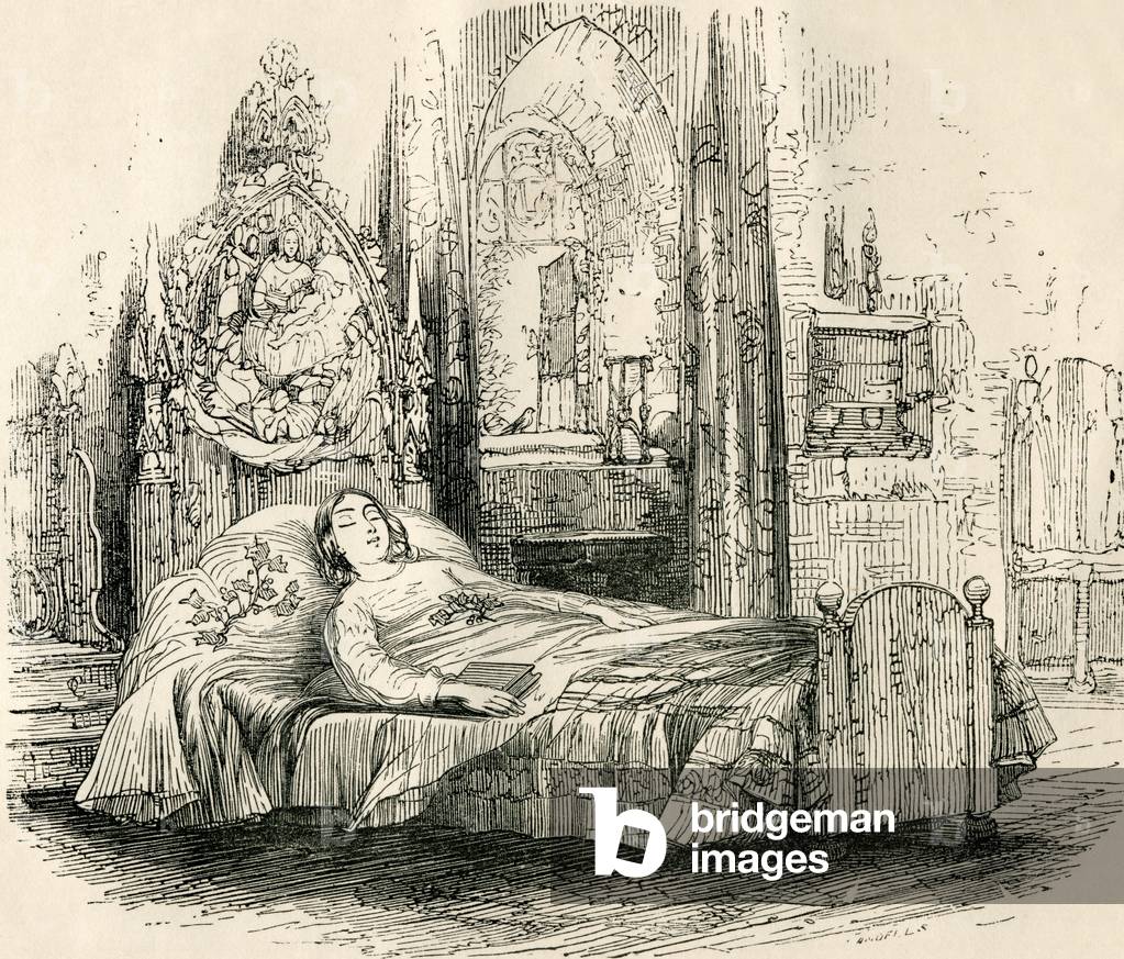 Nell Trent on her deathbed, from 'The Old Curiosity Shop' by Charles Dickens (engraving)