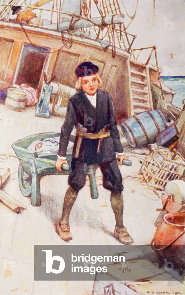 Illustration by A.A. Dixon from an edition dating circa 1915 of The Swiss Family Robinson by M. Weiss published by Blackie and Son Limited. Another visit to the wreck. One of the boys uses a wheelbarrow to save essential supplies from the sinking ship.