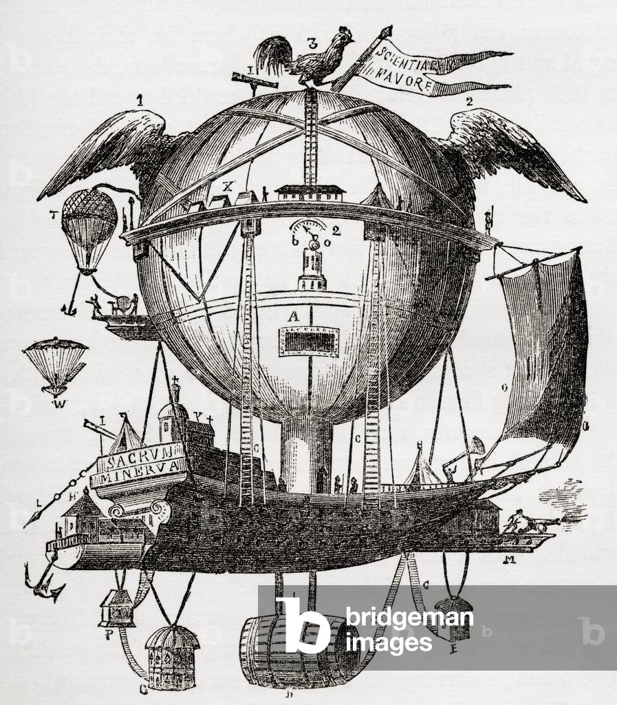 The Minerva Balloon designed by Étienne Gaspard Robert, 1763-1837.  Belgian stage magician, physics lecturer and keen balloonist.   From the book Wonderful Balloon Ascents or The Conquest of the Skies published c 1870