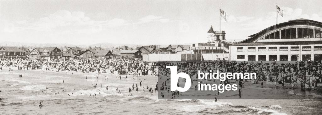 Crowds enjoying the surf at Venice beach, Los Angeles, from 'Wonderful California', c. 1915 (b/w photo)