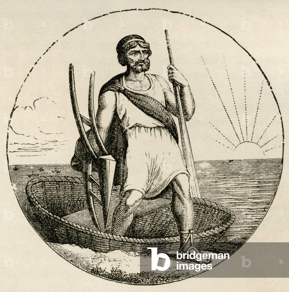 Ancient Briton with a coracle and plow, from 'The World's Inhabitants' by G.T. Bettany, published 1888 (engraving)
