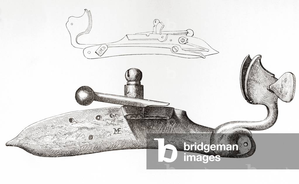 17th century Matchlock. Mechanism or lock used for firing a handheld firearm, from The British Army: Its Origins, Progress and Equipment, published 1868.