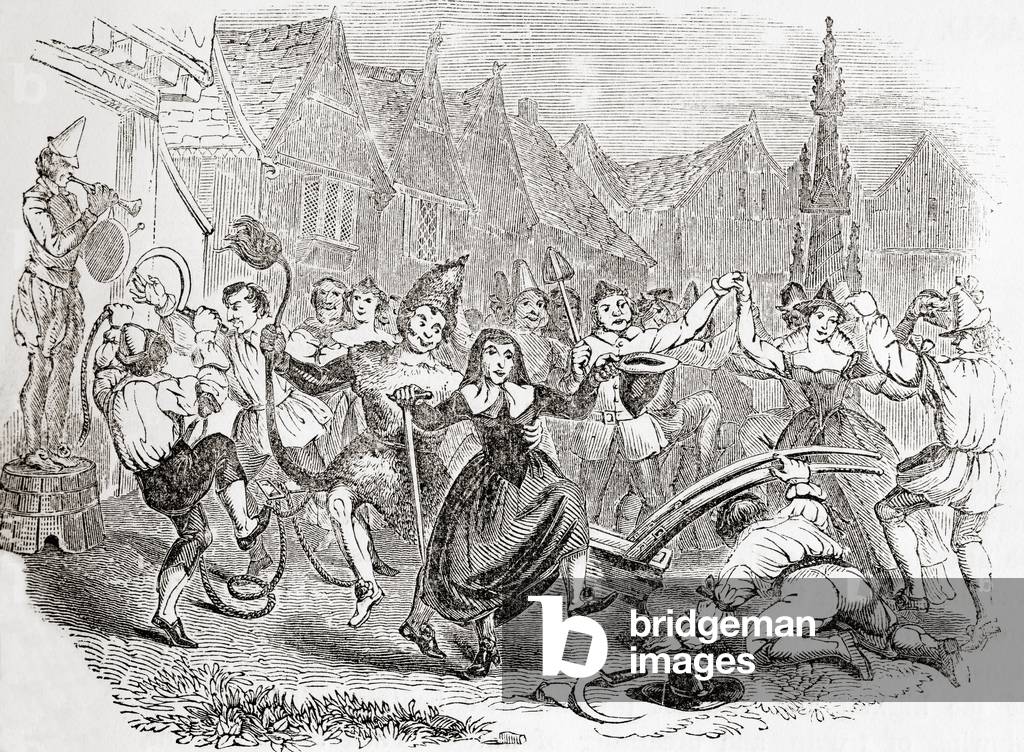 Plough Monday celebrations, the dance of Bessie and the Clown, from Old England: A Pictorial Museum, pub. 1847