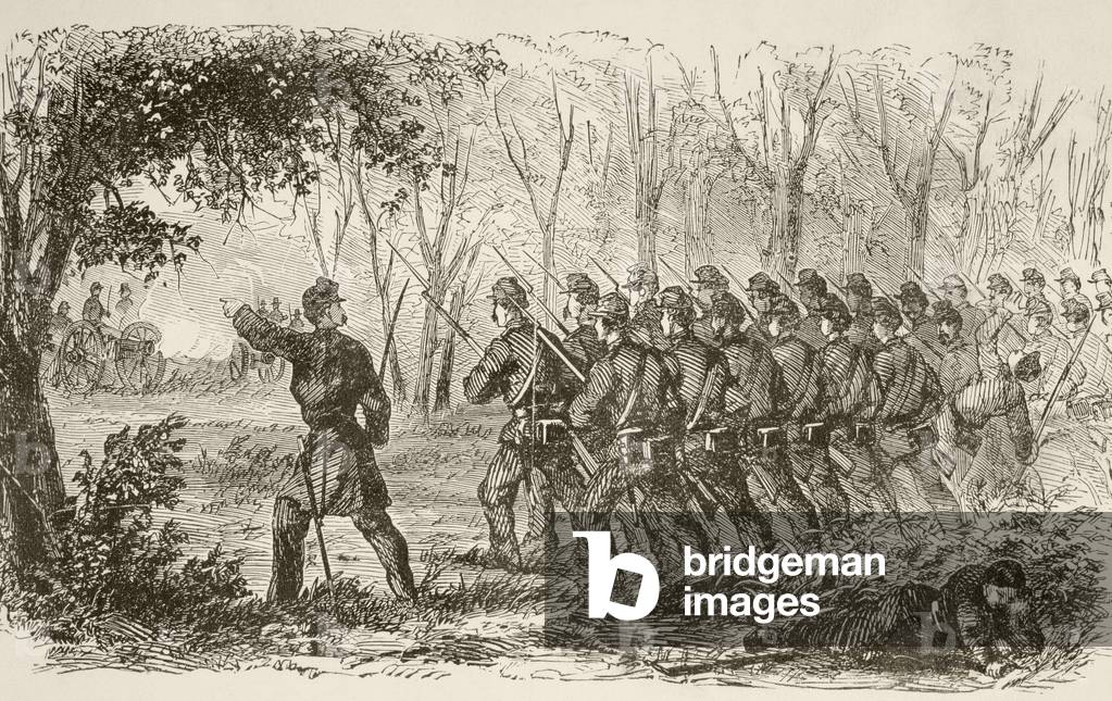 Union soldiers on the plateau at the first Battle of Bull Run (litho)