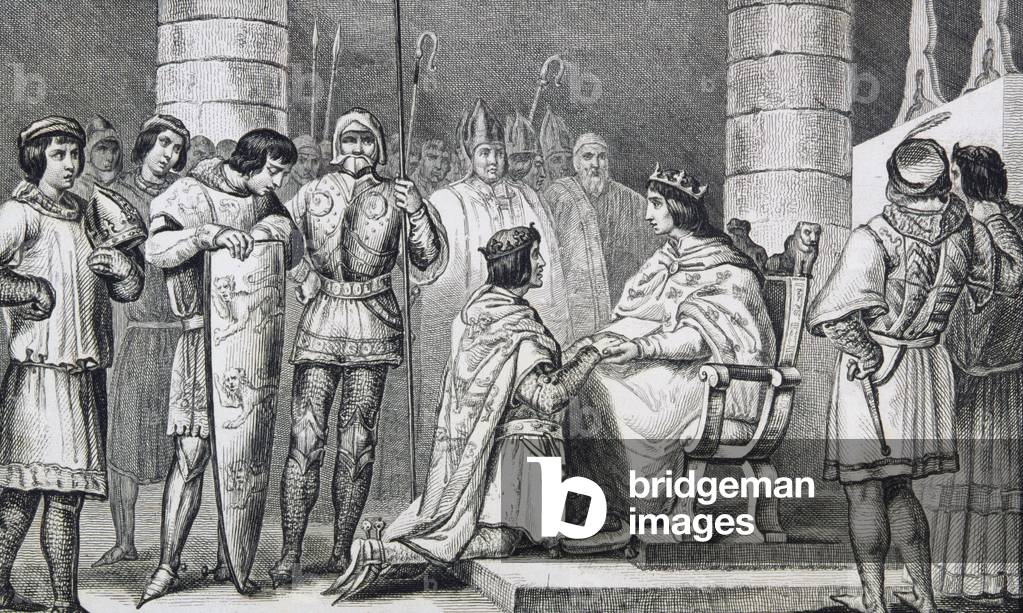 Philippe VI (1293-1350) de Valois renders homage to Edward III (1312-77) of England but only as Duke of Aquitaine, from 'Histoire de France' by Colart, published c.1840 (engraving)