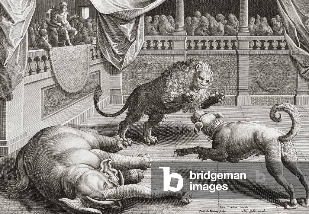 Alexander the Great watching animals fight, 16th century (engraving)