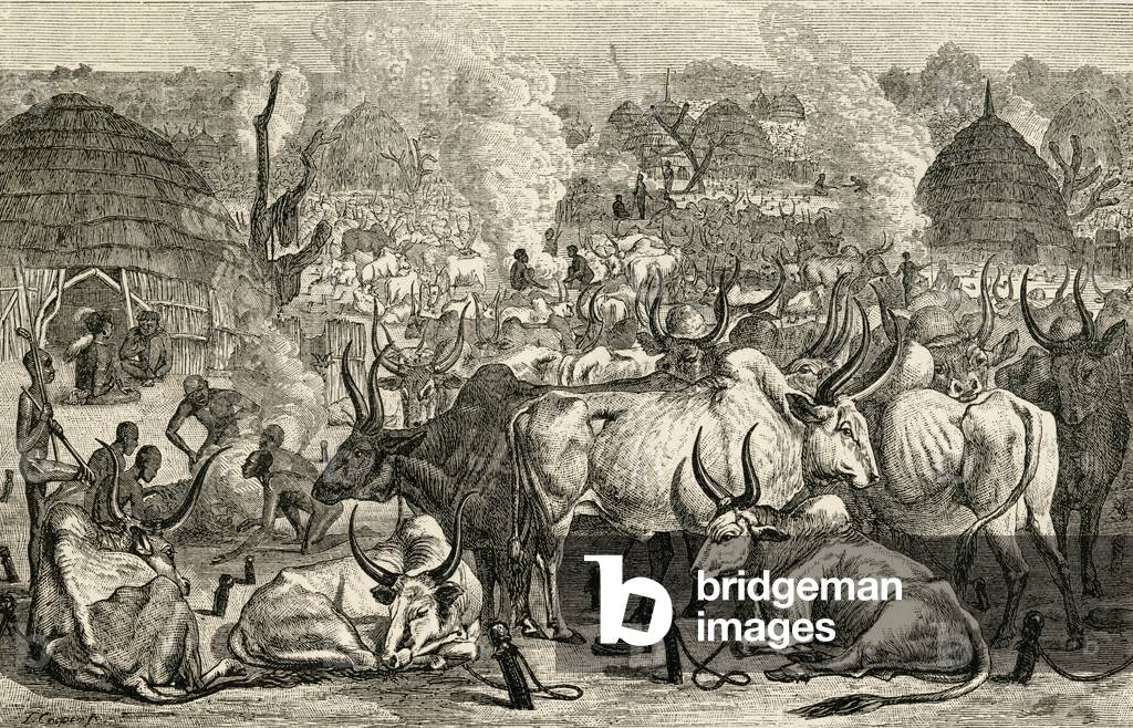 A Dinka cattle park, Southern Sudan, Africa, from 'The World's Inhabitants' by G.T. Bettany, published 1888 (engraving)