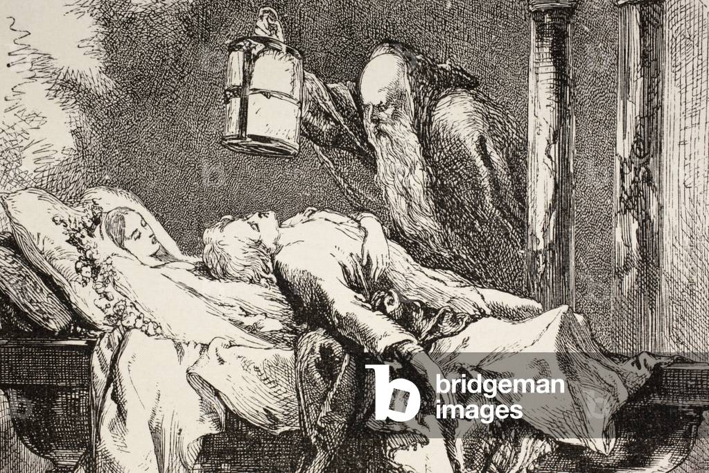 Friar Laurence arrives at the Capulet crypt to find Romeo, Juliet and Paris all dead, from 'The Illustrated Library Shakespeare', published London 1890 (litho)