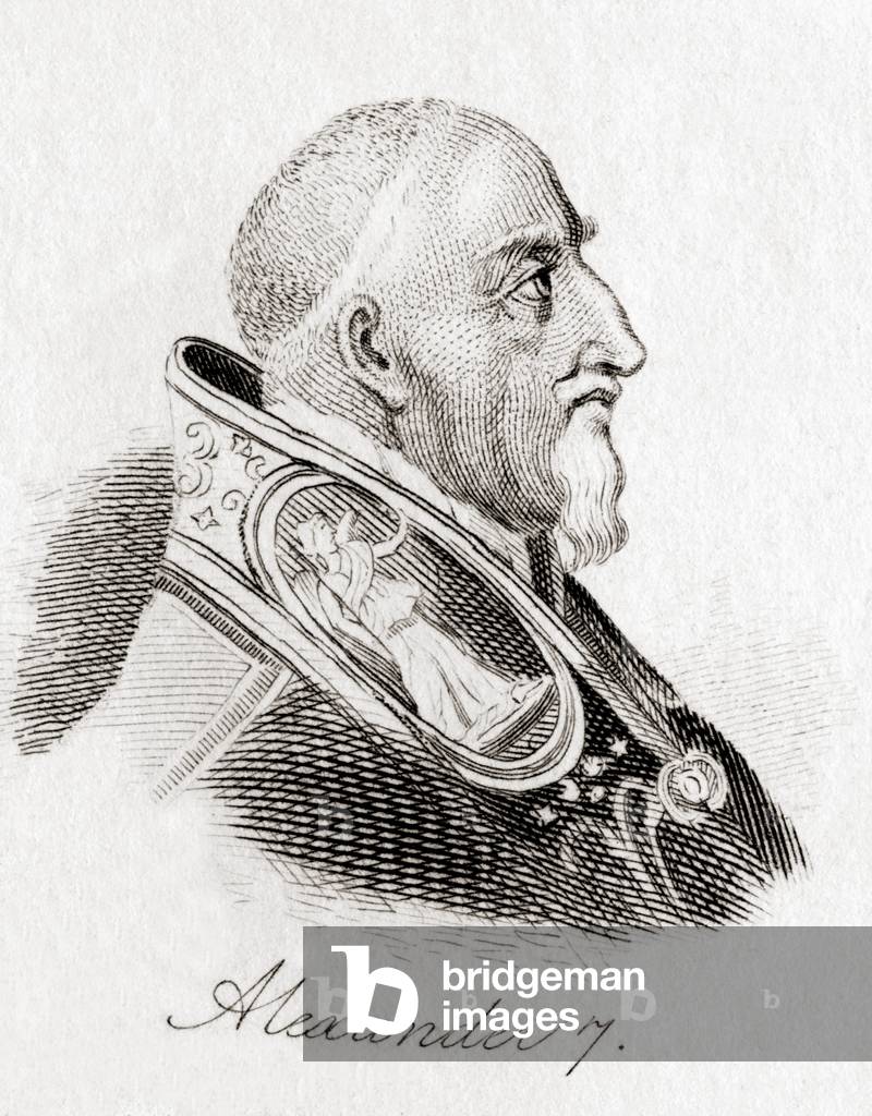 Pope Alexander VII, 1599  1667, born Fabio Chigi.   From Crabb's Historical Dictionary, published 1825.