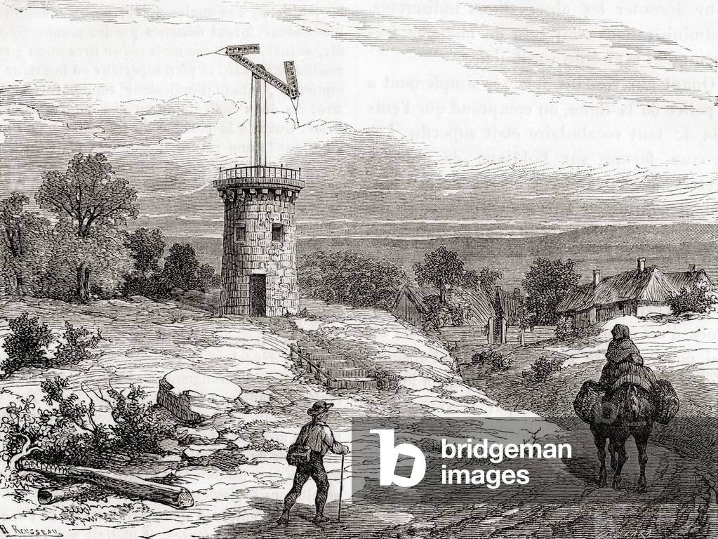 An aerial telegraph post in the 18th century, from Les Merveilles de la Science, published c.1870 (engraving)