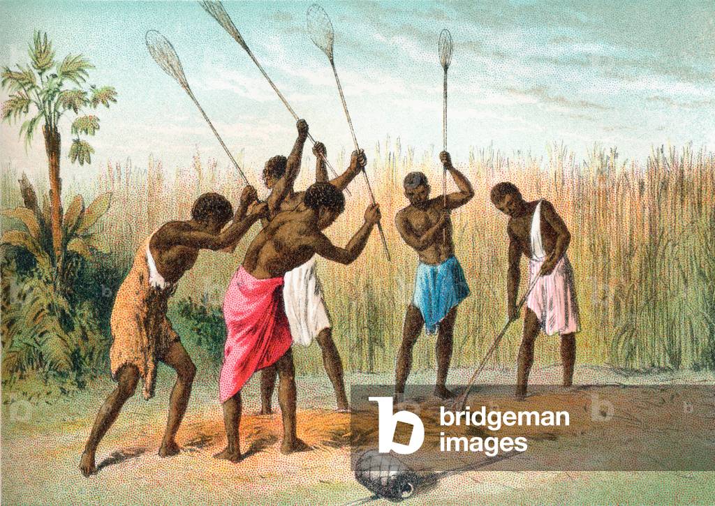 Native Africans beating Sorghum, or Sorgo,which is grown for fodder, silage or syrup, in Africa in the 19th century.  From The Life and Explorations of Dr. Livingstone published c.1875.