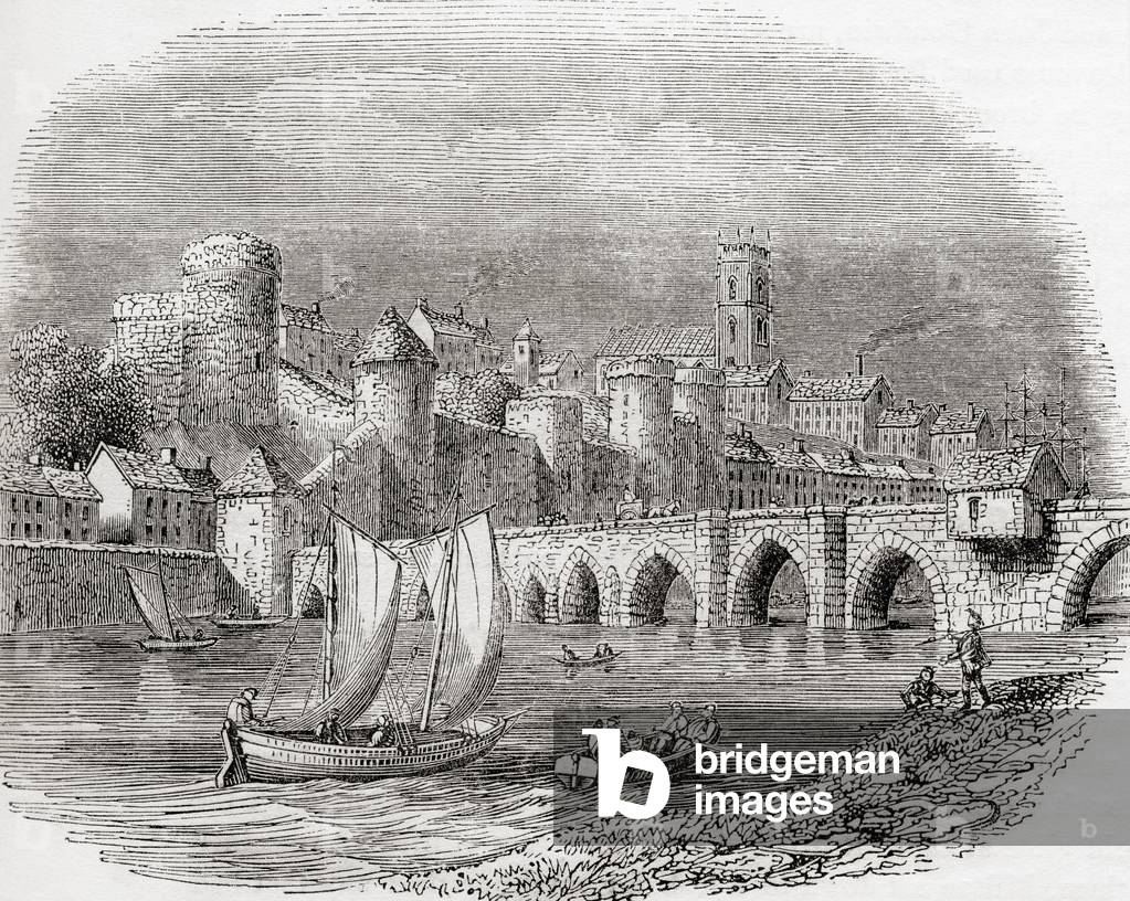 Limerick, County Limerick, Ireland, showing King John's Castle on the River Shannon and the Thomand Bridge, from Old England: A Pictorial Museum, pub. 1847