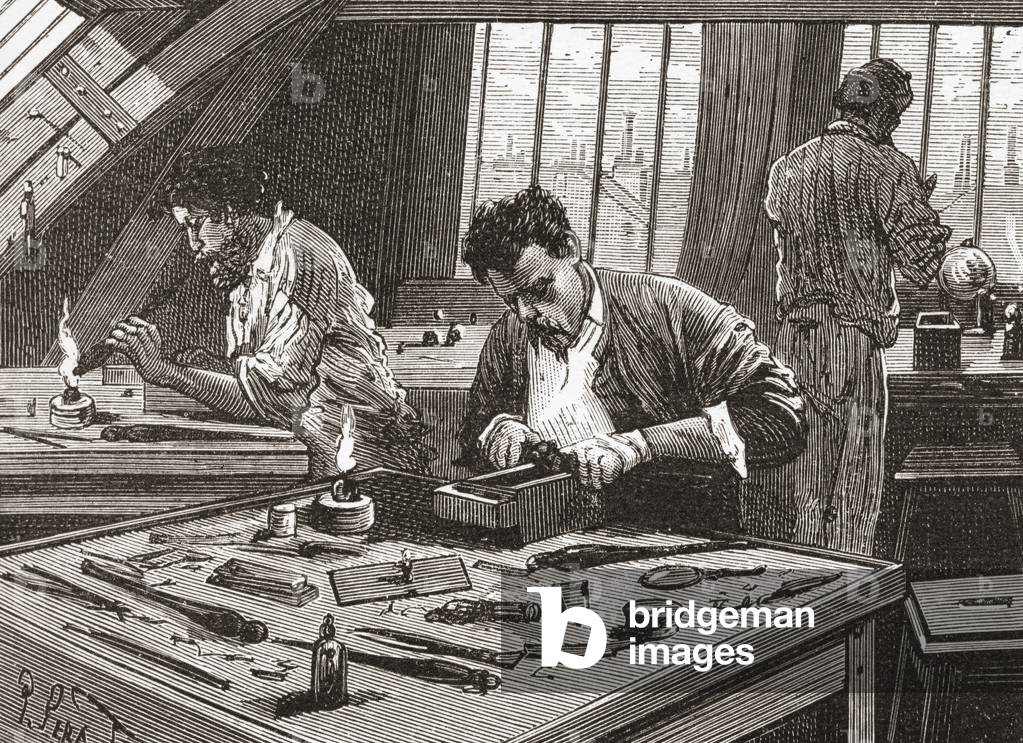 Diamond Cutting in Amsterdam, the Netherlands in the 19th century.  From Pictures From Holland by Richard Lovett, published 1887.