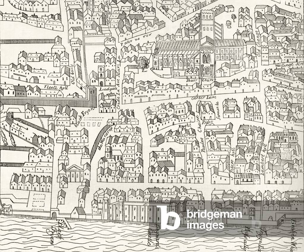 London, England around St. Paul's in 1563, from Ralph Agas's Map, from the book London Pictures drawn with pen and pencil by The Rev Richard Lovett, pub. 1890