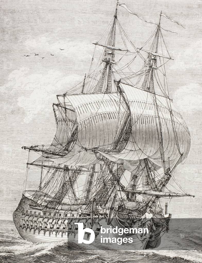 The fifty-eight gun frigate of the French navy with gun ports raised and ready for battle, from 'XVIII Siecle Institutions, Usages et Costumes', published 1875 (litho)