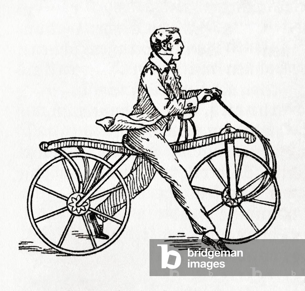 A dandy horse or running machine aka Draisine or Velocipede, from Meyers Lexicon, pub. 1924