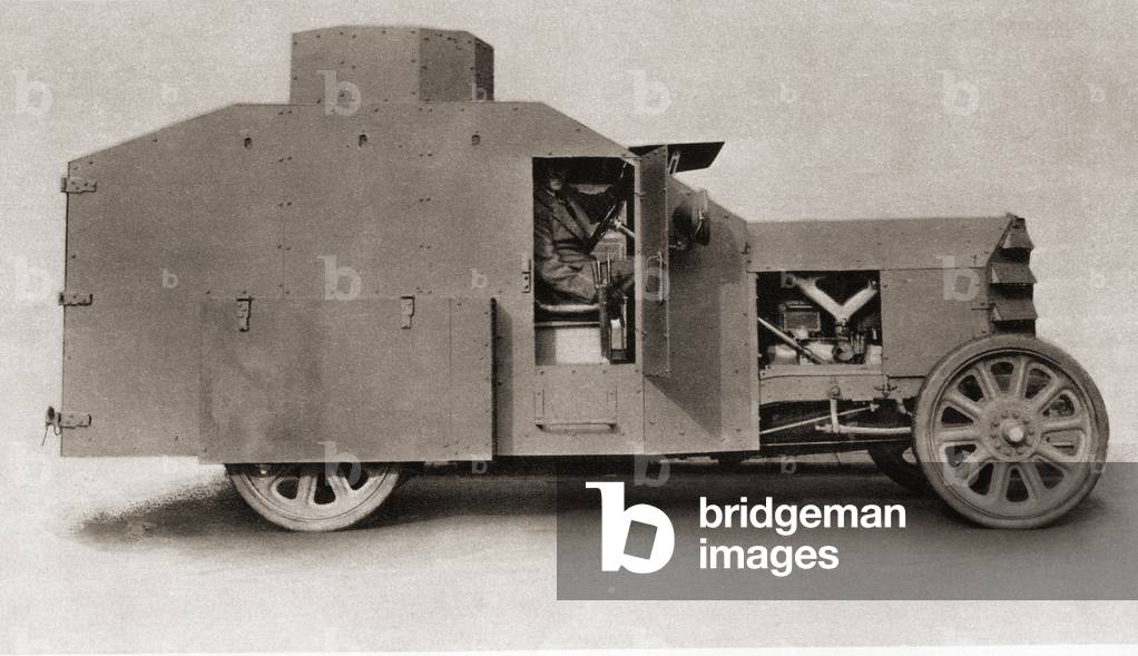 A British armoured car during World War One, from 'The Illustrated War News', 1915 (b/w photo)