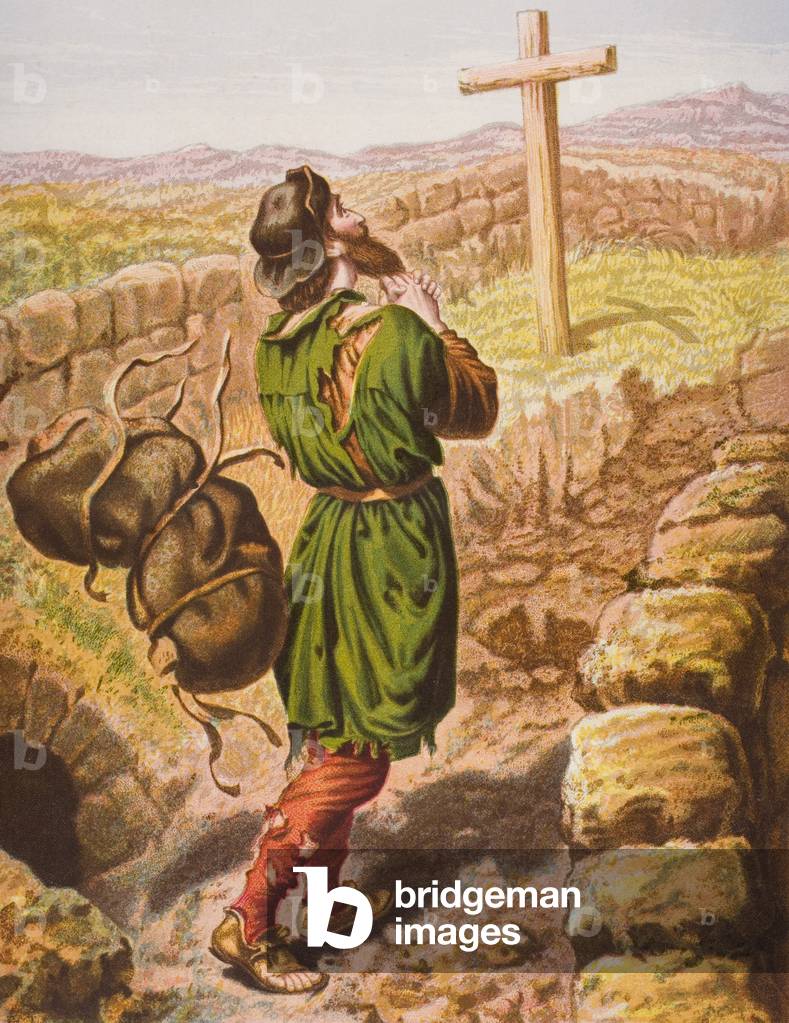 Christian loses his burden at the cross, illustration from 'The Pilgrim's Progress' by John Bunyan (1628-88) (colour litho)