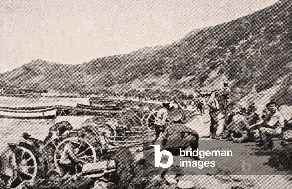 Australian troops on Anzac Cove Gallipoli Peninsula Turkey, 1915, from 'The War Illustrated Album deLuxe', published in London, 1916 (litho)