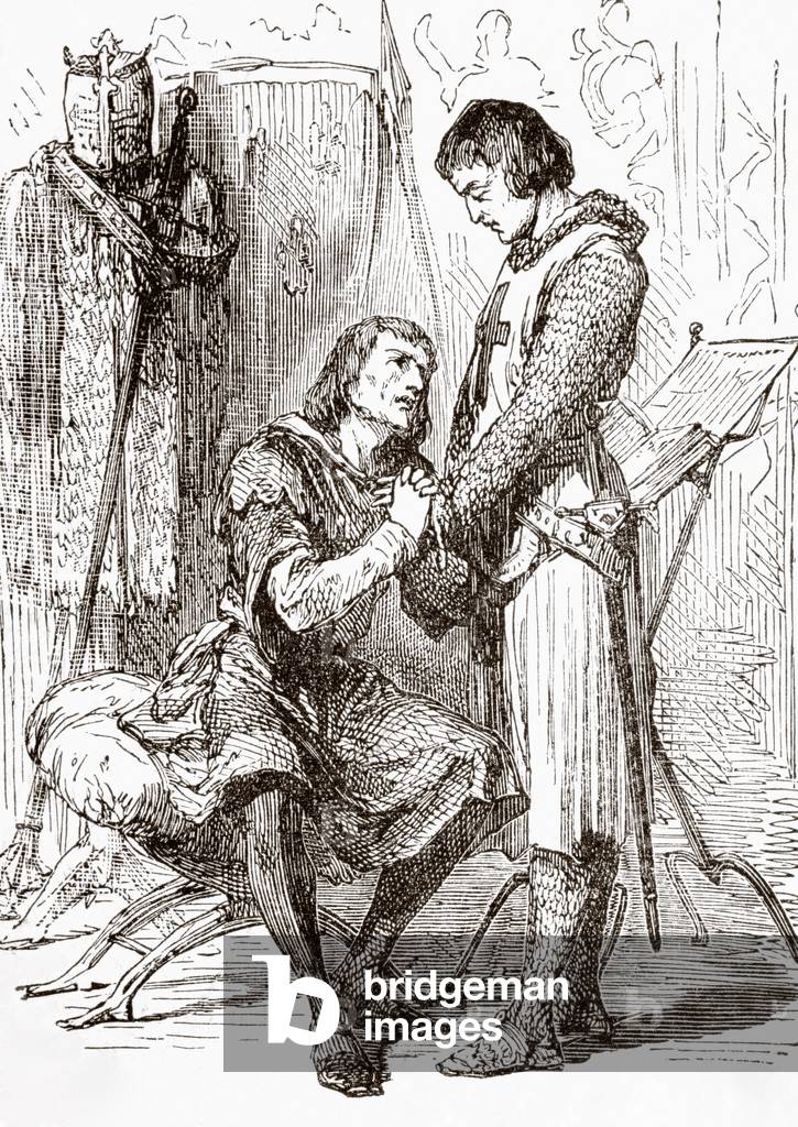 Louis IX,  1214 –  1270,  Saint Louis,  King of France, seated, being comforted by Jean de Joinville, 1224 –  1317, chronicler of medieval France and friend and biographer of King Louis.