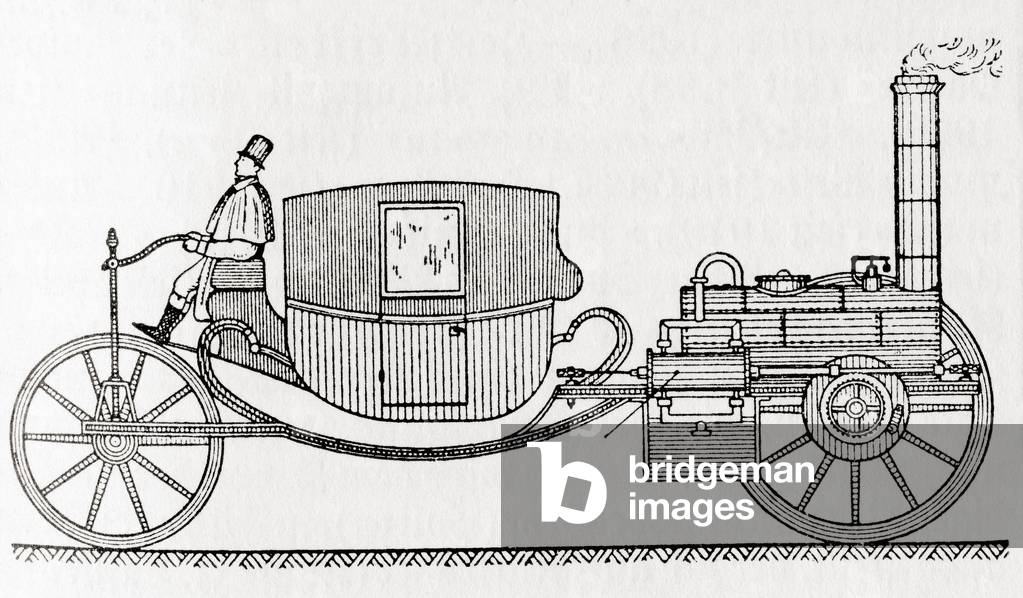 A 19th century carriage powered by a steam engine, from Meyers Lexicon, pub. 1927
