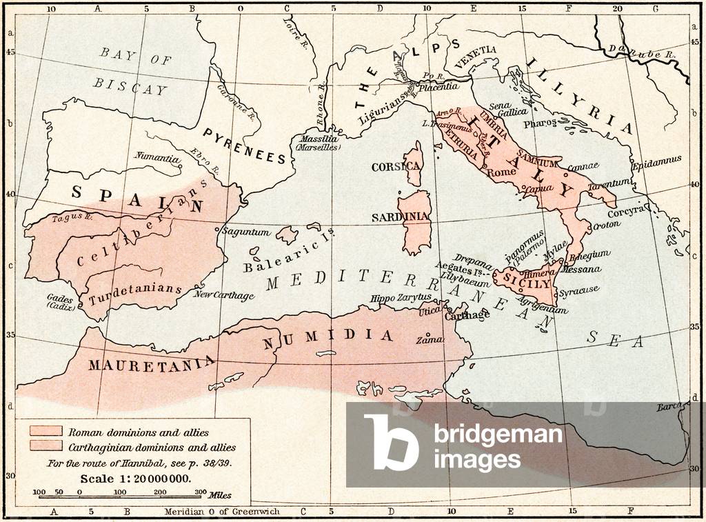 Map of Rome and Carthage at the beginning of the Second Punic War, 218 BC, publ. 1923 (colour litho)