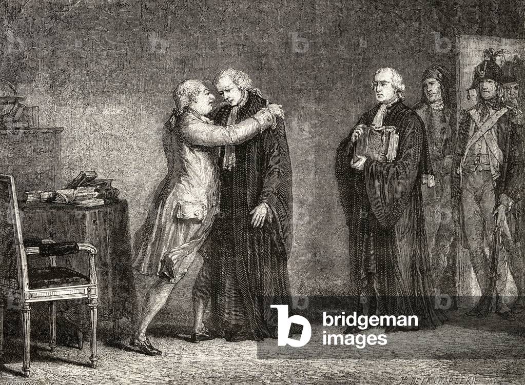 King Louis XVI (1754-93) Meets with De Malesherbes (1721-94) (engraving)