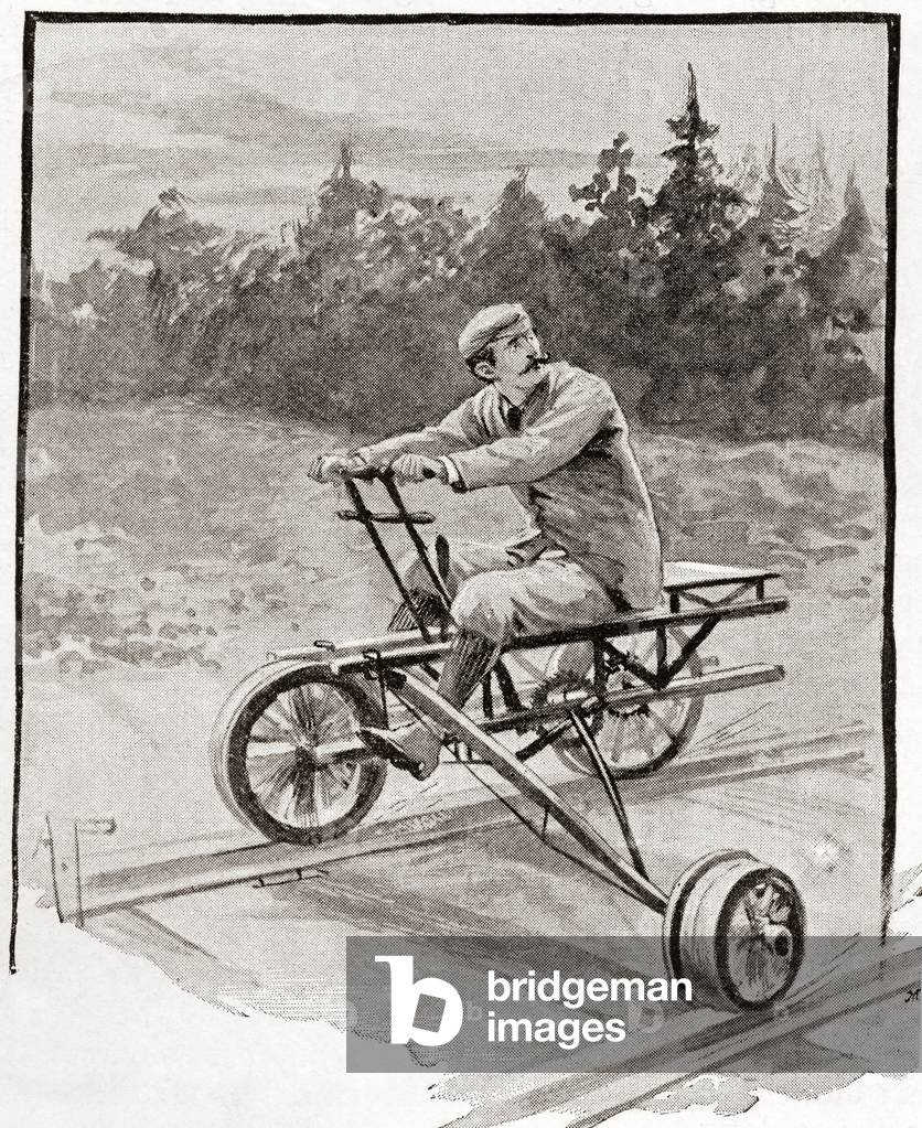 A nineteenth century three wheeled velocipede on a railroad track.  From The Strand Magazine, published 1896