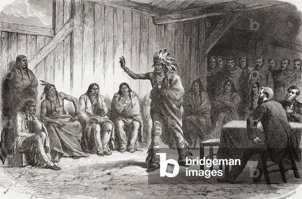 Crow Indian Chief Bear's Tooth at the great peace council at Fort Laramie, 12 November 1867, illustration from 'The World in the Hands', engraved by Gauchard, published 1878 (engraving)