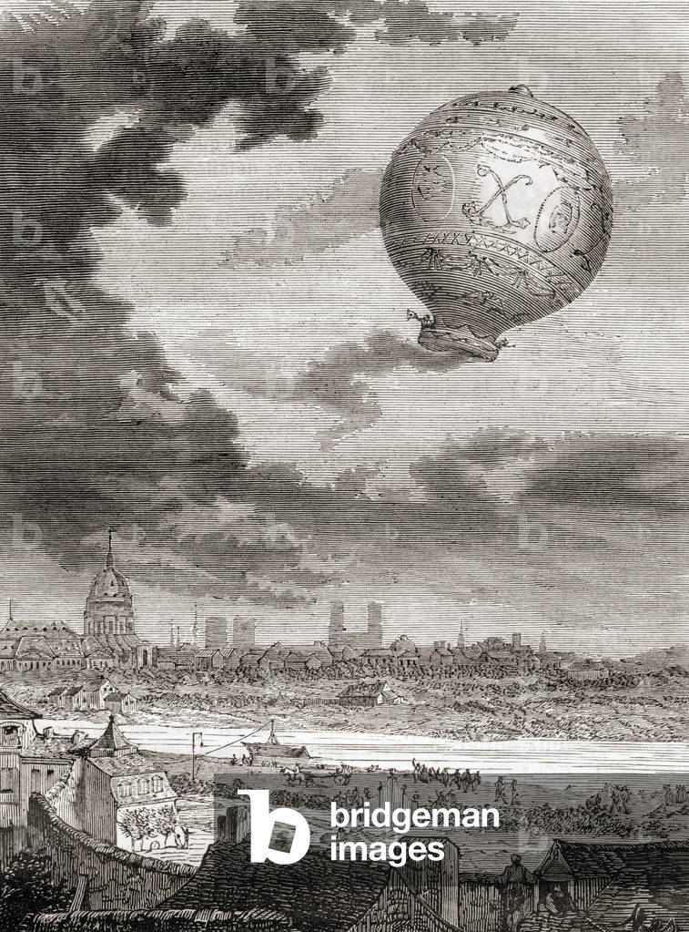 The first untethered balloon flight, by Jean-François Pilâtre de Rozier and the Marquis d'Arlandes on 21 November 1783 in a Montgolfier balloon, from Les Merveilles de la Science, published c.1870 (engraving)