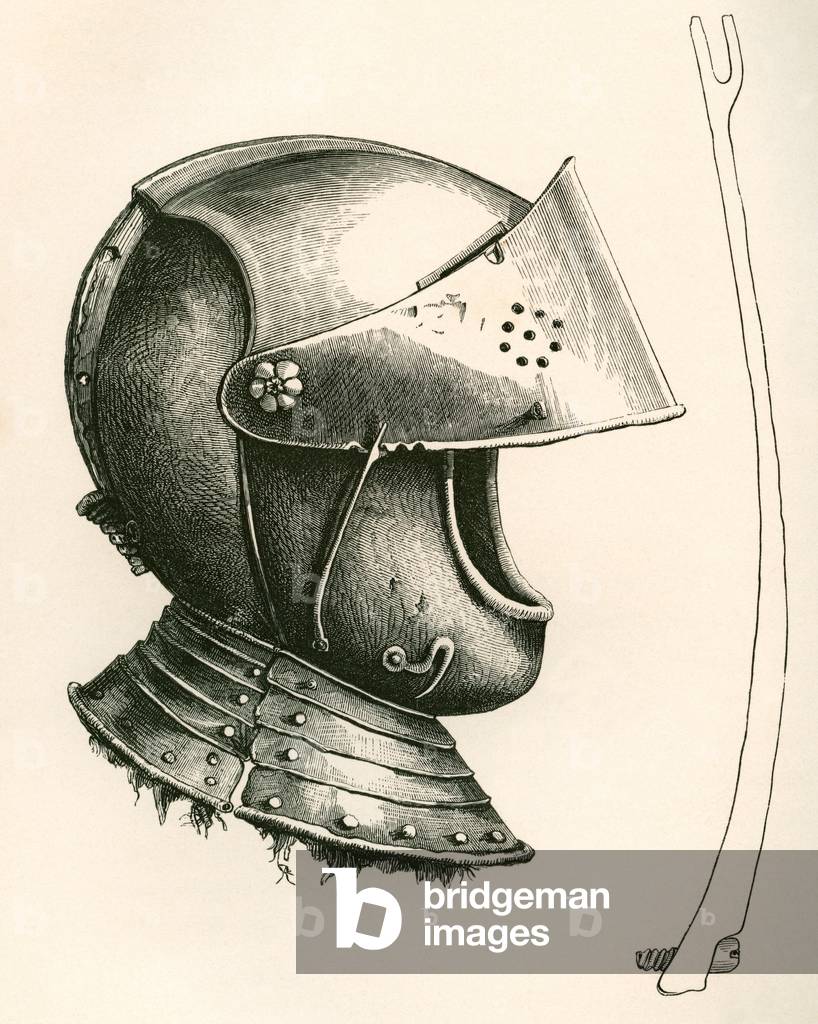 Visored helmet dating from c.1643. The piece at the side is the visor prop, full size, used to keep up the visor at different angles according to the notch used, from The British Army: Its Origins, Progress and Equipment, published 1868.