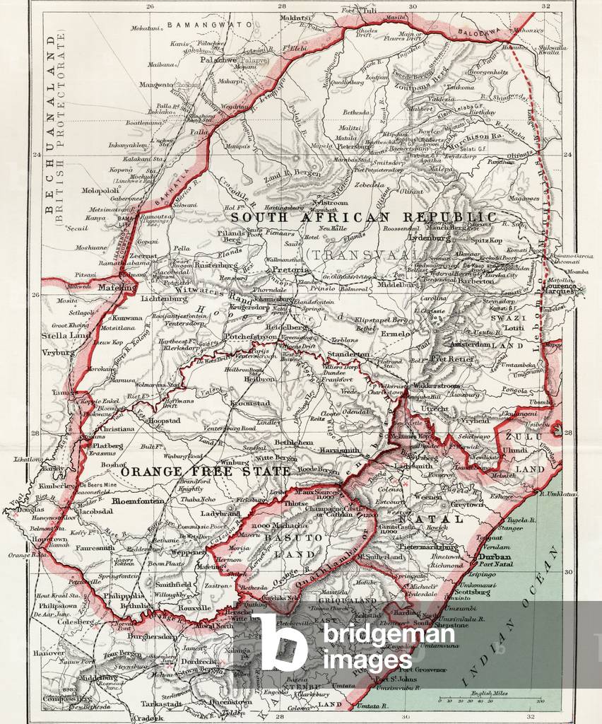 Map of South African republic, Orange Free State and Natal c.1900, from 'South Africa and the Transvaal War', by Louis Creswicke, published 1900 (colour litho)