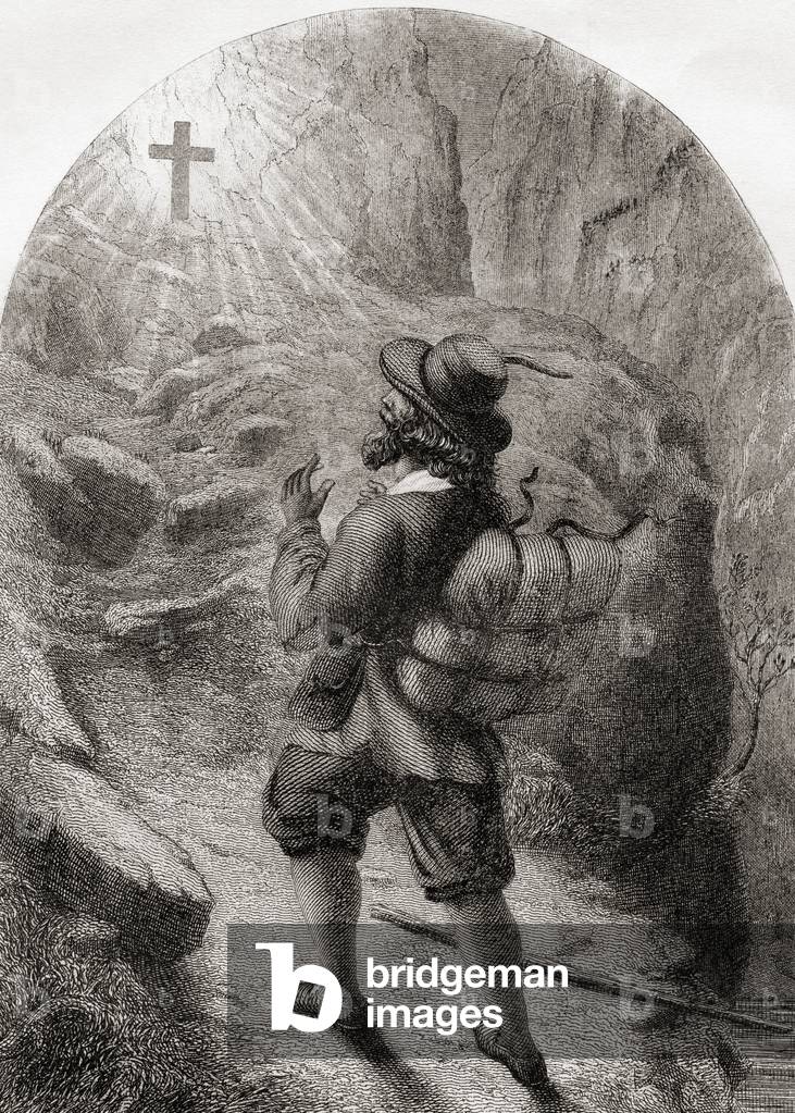 Christian relieved of his burden.  From The Pilgrim's Progress by John Bunyan.  19th century print.