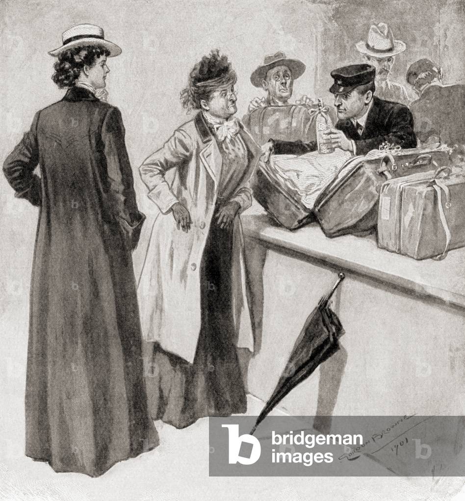 Passengers caught trying to pass illegal goods through the Custom House, London, 1901 (drawing)