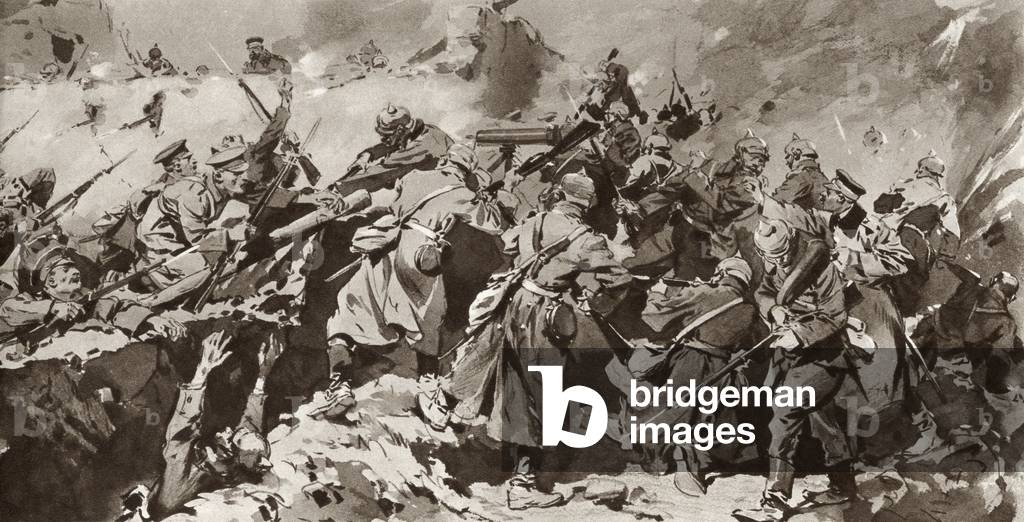 British troops overrun a German trench during the Battle of Neuve Chapelle on the Western Front, France, during the First World War, from 'The Illustrated War News', published in 1915 (litho)