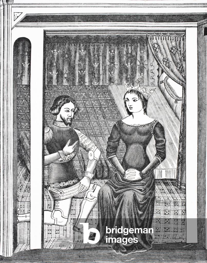 Launcelot and Guinevere, after a miniature from a 14th century manuscript, from Science and Literature in The Middle Ages by Paul Lacroix pub. London 1878