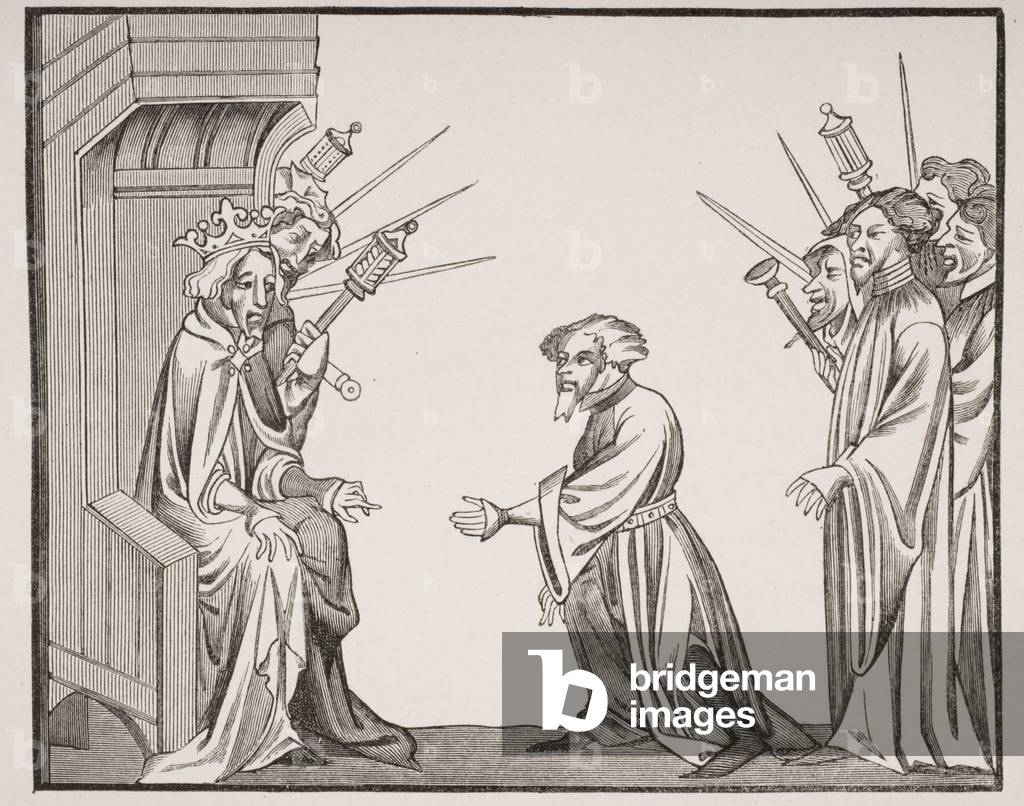 Charlemagne (747-814) Receiving the Oath of Fidelity and Honour from one of his great Feudatories or High Barons, facsimile of a 14th century miniature in the 'Chronicles of Saint Denis', from 'Le Moyen Age et La Renaissance' by Paul Lacroix (1806-84) published 1847 (litho)