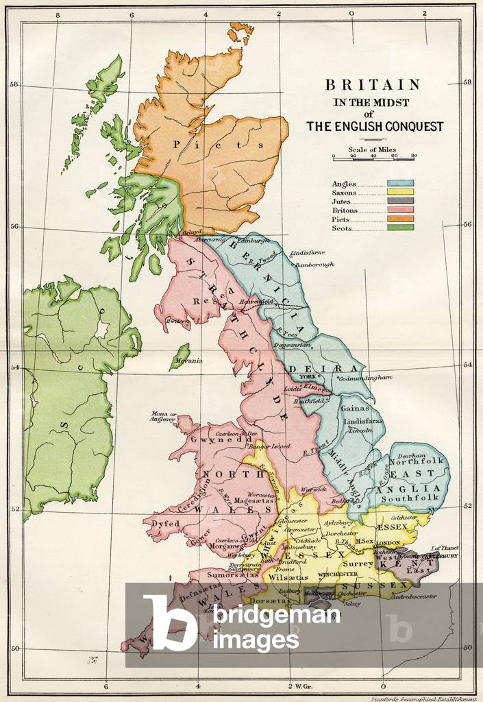 Britain in the midst of the English Conquest, from 'A Short History of the English People' by John Richard Green (1837-83) published by Macmillan and Co., 1911 (colour litho)