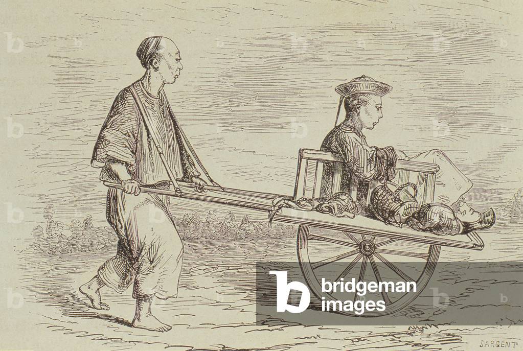 Wheelbarrow Taxi in the 1850s, China, engraved by Alfred Louis Sargent (b.1828) from 'Le Tour du Monde', published in Paris, 1860s (engraving)