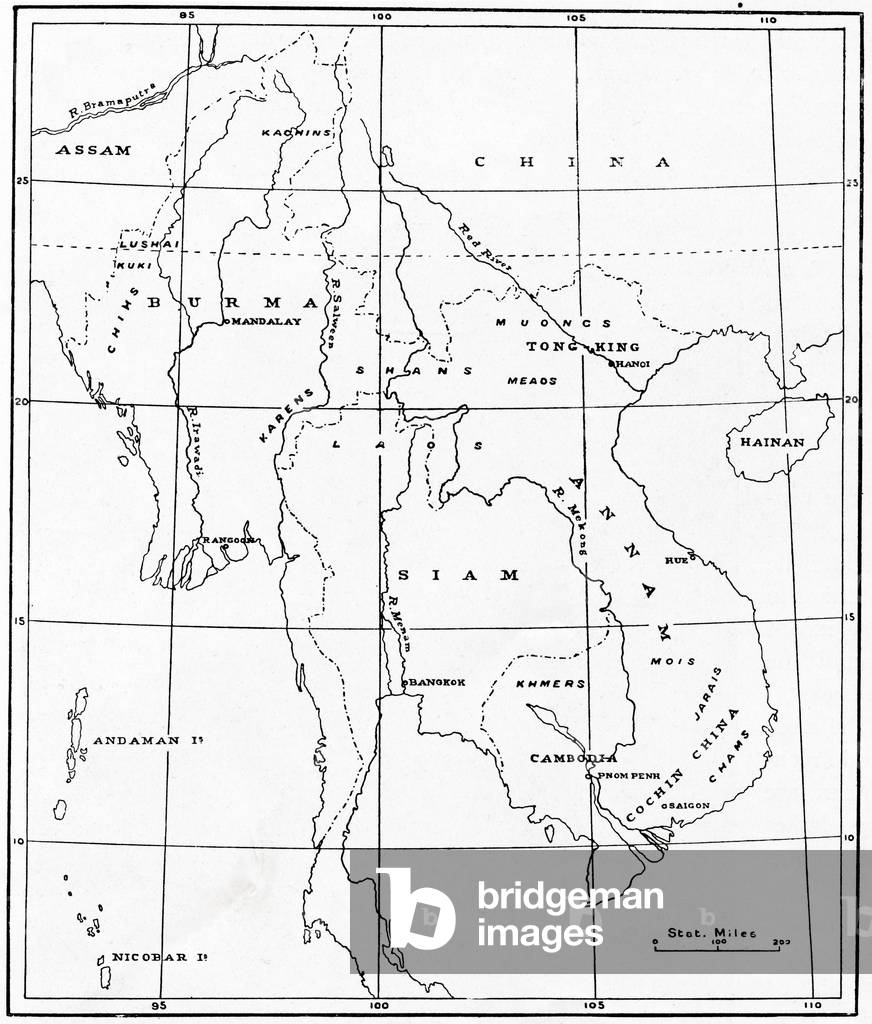 A map of the Indo-Chinese peninsula c. 1900.  Indochina or Mainland Southeast Asia. From Customs of The World, published c.1913.
